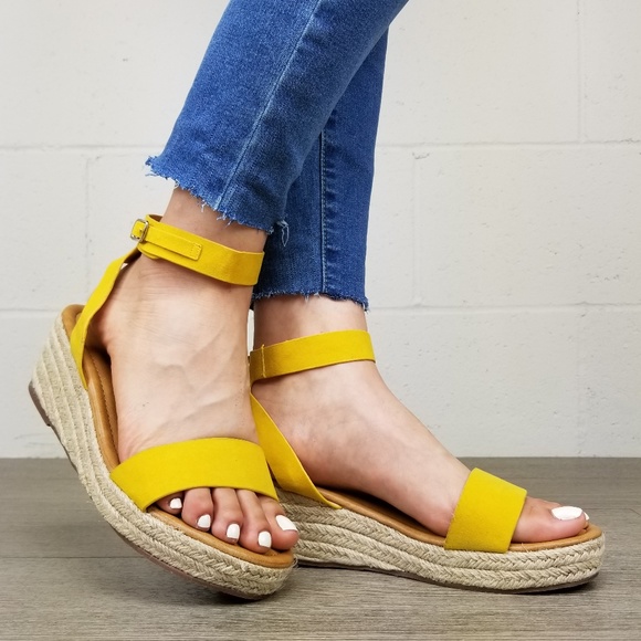 Shoes - Yellow Open Toe Espadrille Wedge Sandals